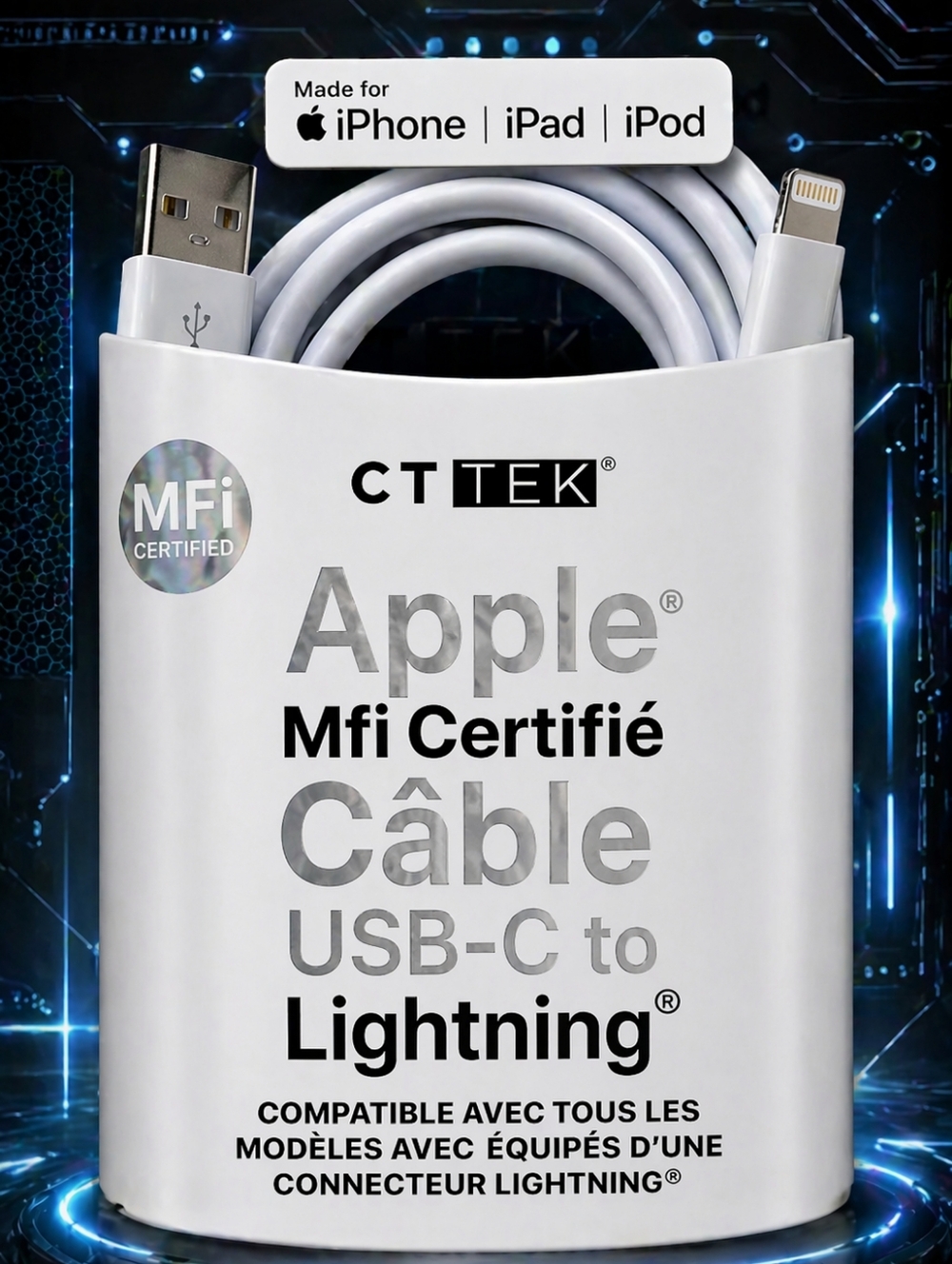 CT TEK 4 FT White MFi Certified Lightning Cable